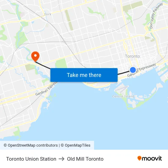 Toronto Union Station to Old Mill Toronto map