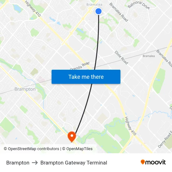 Brampton to Brampton Gateway Terminal map