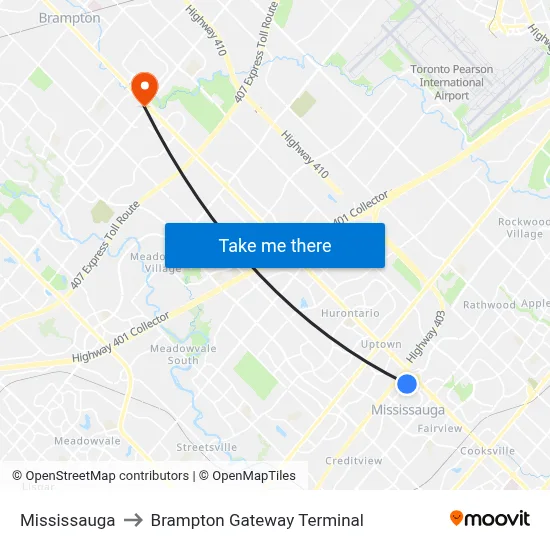 Mississauga to Brampton Gateway Terminal map