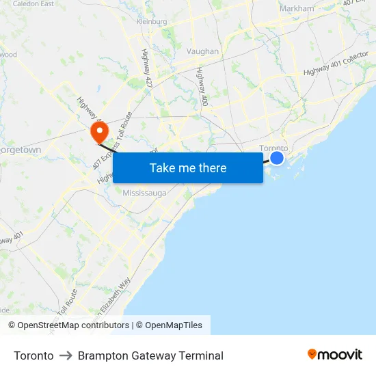 Toronto to Brampton Gateway Terminal map