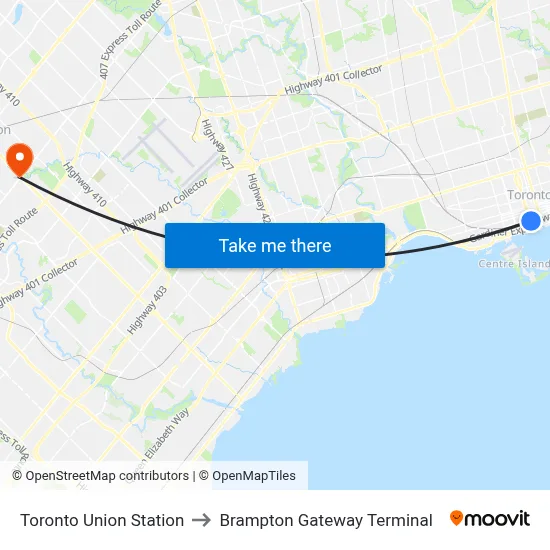 Toronto Union Station to Brampton Gateway Terminal map