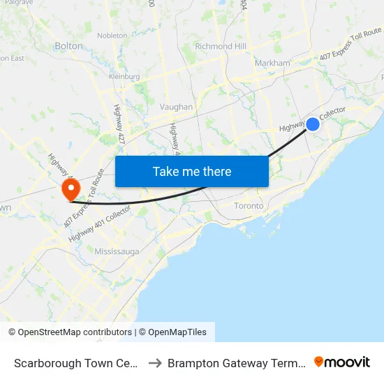 Scarborough Town Centre to Brampton Gateway Terminal map