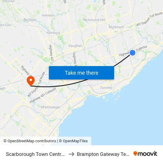 Scarborough Town Centre-West to Brampton Gateway Terminal map