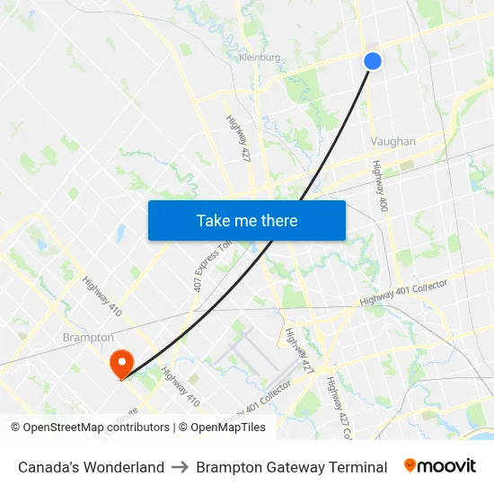 Canada’s Wonderland to Brampton Gateway Terminal map