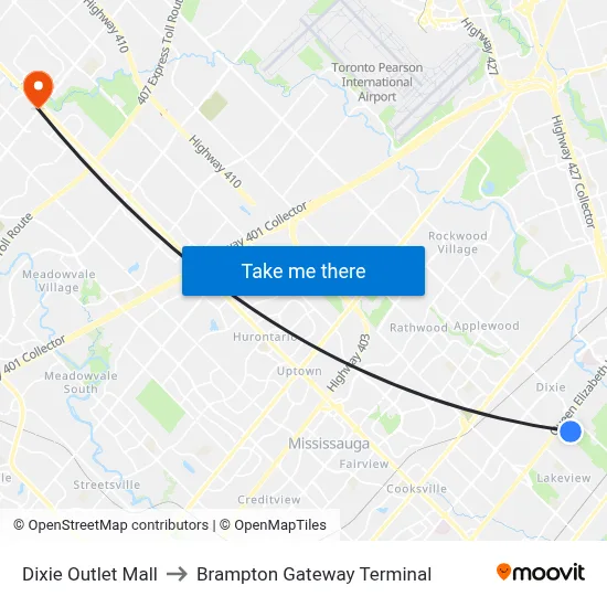 Dixie Outlet Mall to Brampton Gateway Terminal map