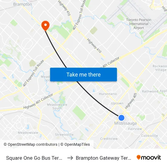 Square One Go Bus Terminal to Brampton Gateway Terminal map