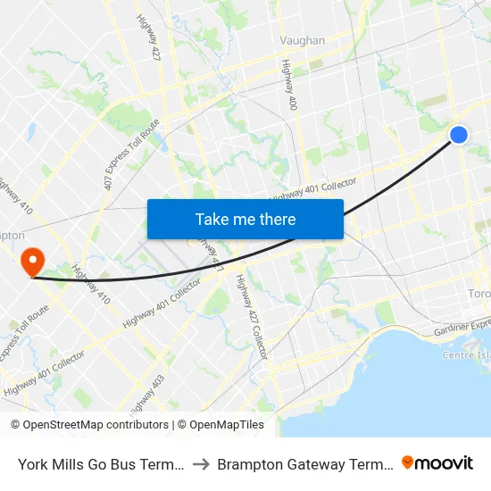York Mills Go Bus Terminal to Brampton Gateway Terminal map