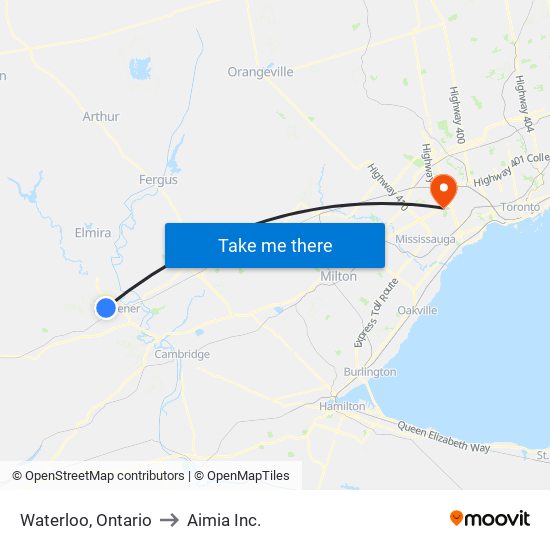 Waterloo, Ontario to Aimia Inc. map