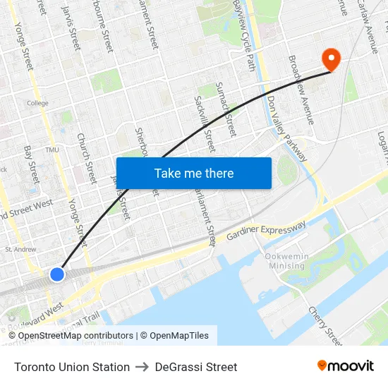 Toronto Union Station to DeGrassi Street map