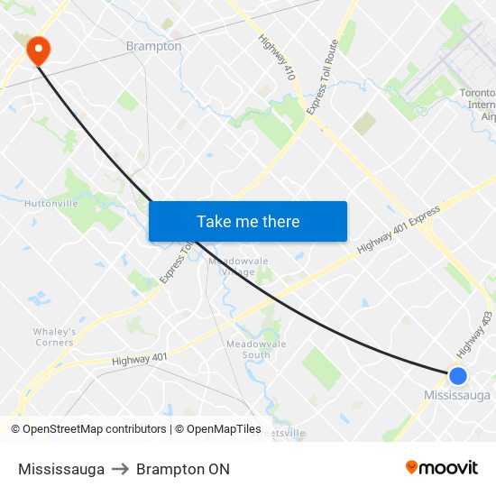 Mississauga to Brampton ON map