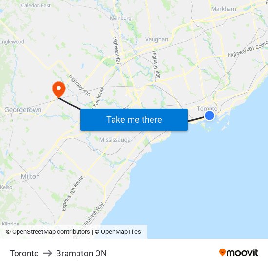 Toronto to Brampton ON map