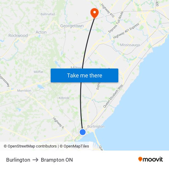 Burlington to Brampton ON map