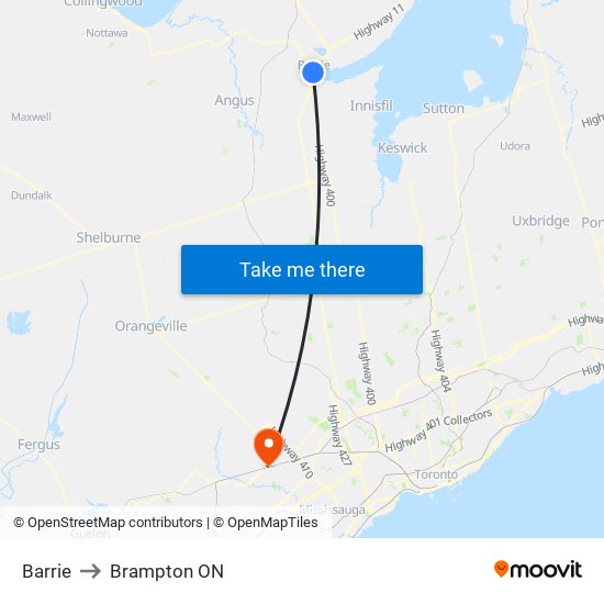 Barrie to Brampton ON map