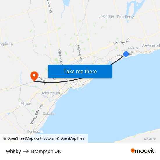 Whitby to Brampton ON map
