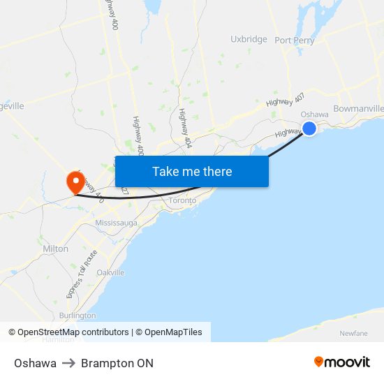 Oshawa to Brampton ON map