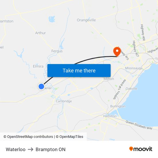 Waterloo to Brampton ON map