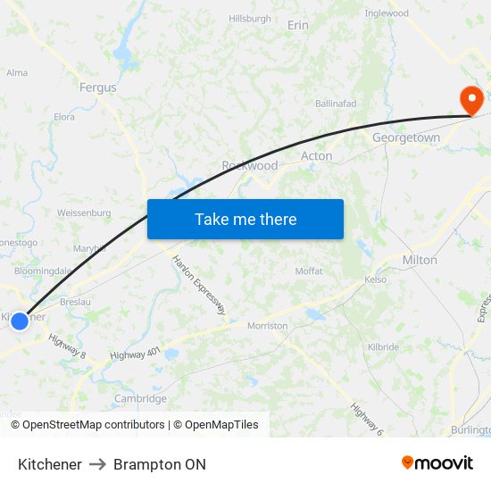 Kitchener to Brampton ON map