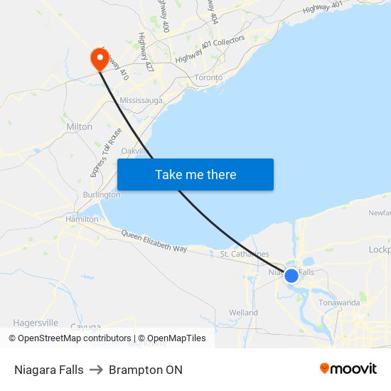 Niagara Falls to Brampton ON map