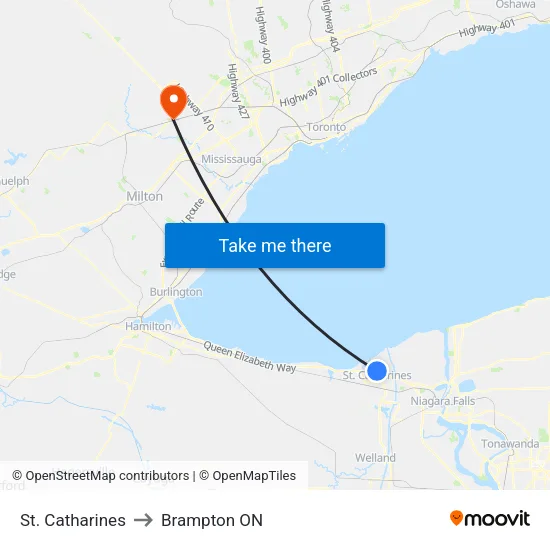 St. Catharines to Brampton ON map