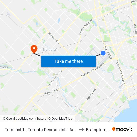 Terminal 1 - Toronto Pearson Int'L Airport to Brampton ON map