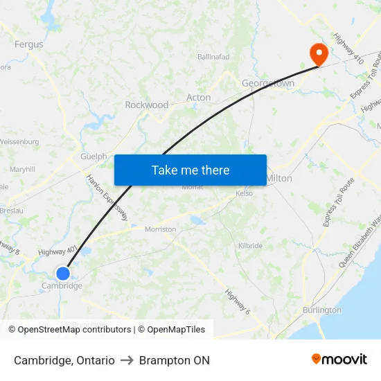 Cambridge, Ontario to Brampton ON map