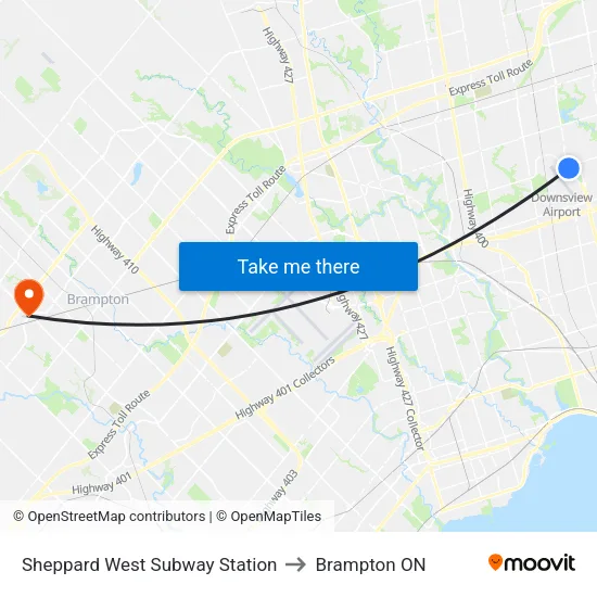 Sheppard West Subway Station to Brampton ON map