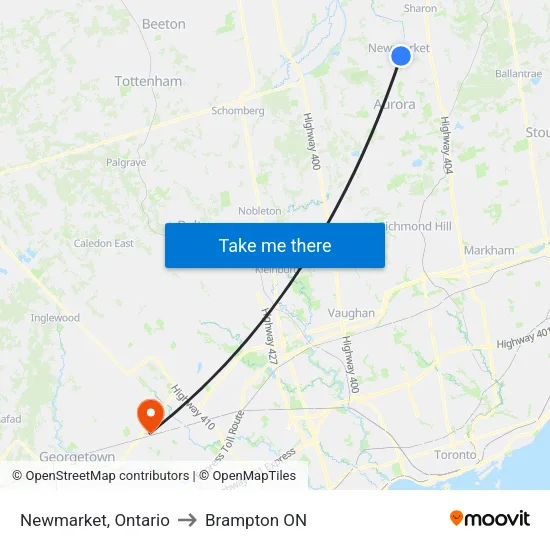 Newmarket, Ontario to Brampton ON map