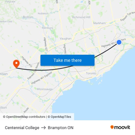 Centennial College to Brampton ON map