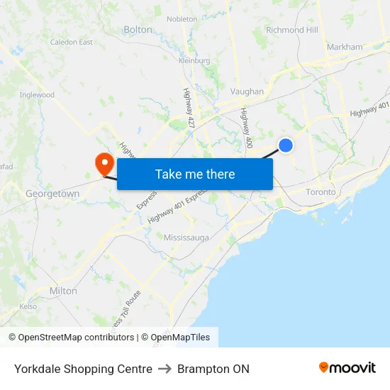 Yorkdale Shopping Centre to Brampton ON map