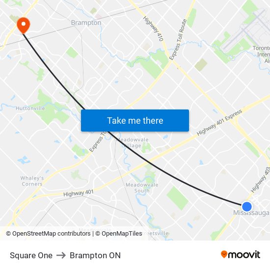 Square One to Brampton ON map