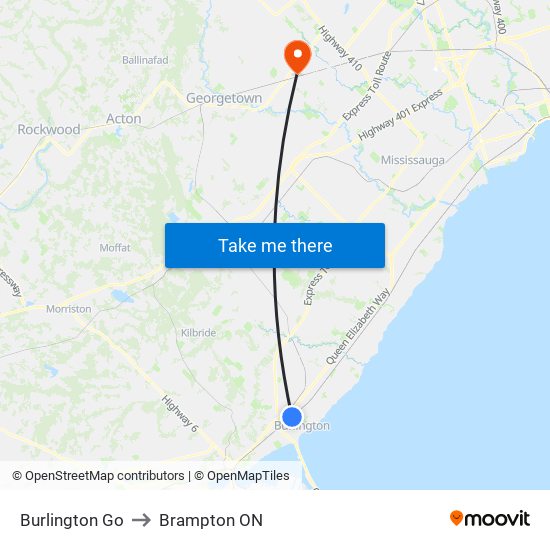 Burlington Go to Brampton ON map