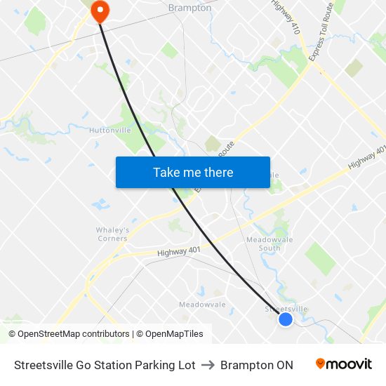 Streetsville Go Station Parking Lot to Brampton ON map