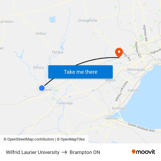 Wilfrid Laurier University to Brampton ON map