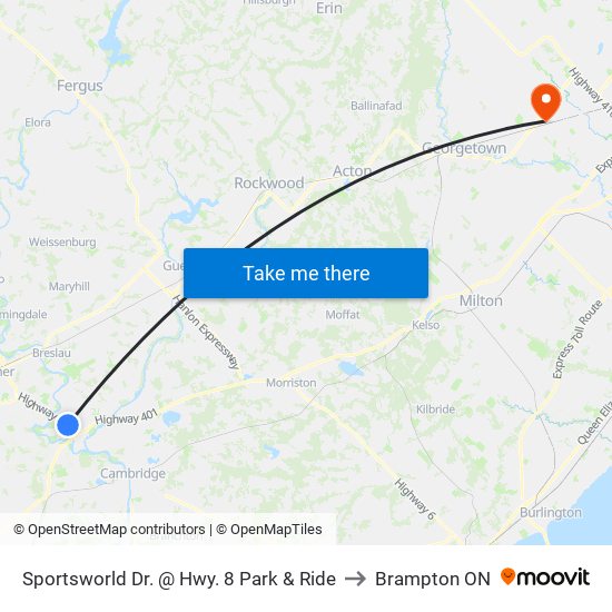 Sportsworld Dr. @ Hwy. 8 Park & Ride to Brampton ON map