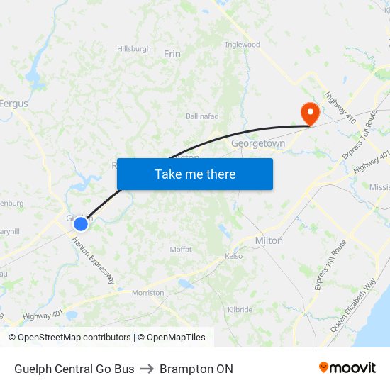 Guelph Central Go Bus to Brampton ON map