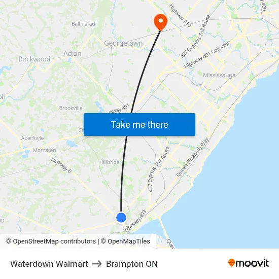 Waterdown Walmart to Brampton ON map