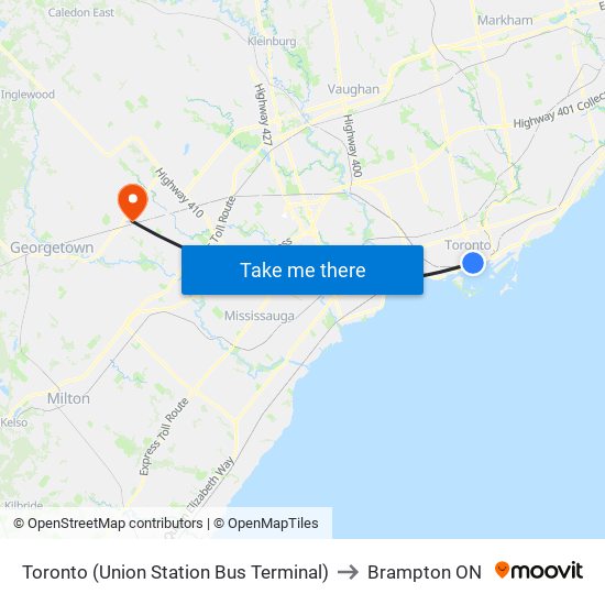 Toronto (Union Station Bus Terminal) to Brampton ON map