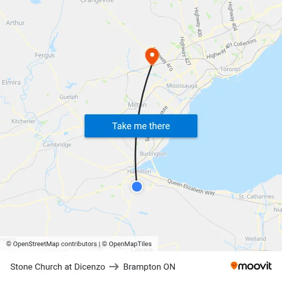 Stone Church at Dicenzo to Brampton ON map