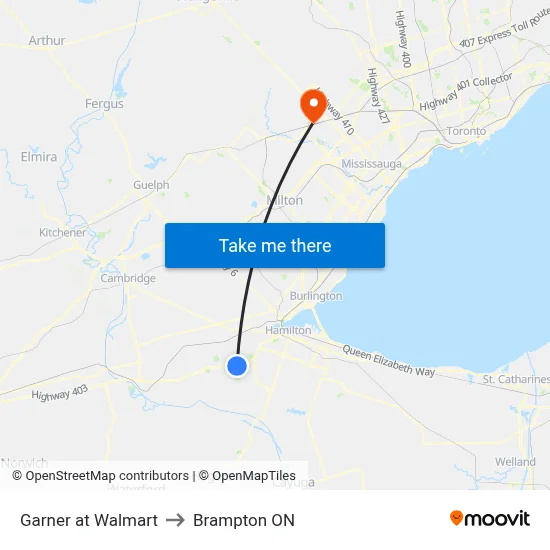Garner at Walmart to Brampton ON map