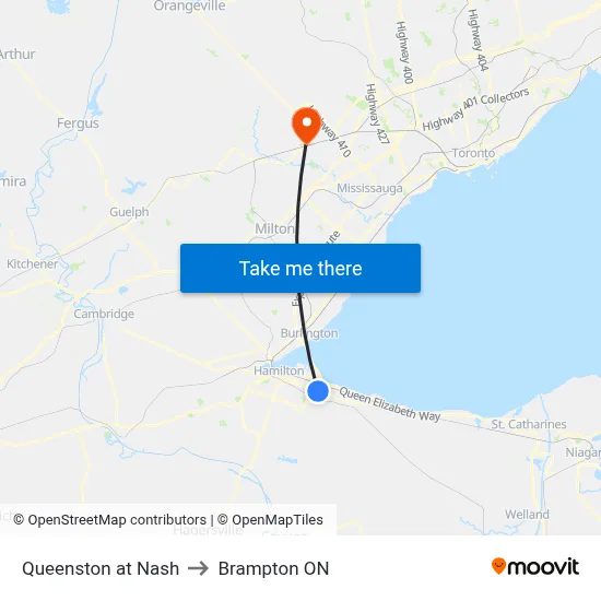 Queenston at Nash to Brampton ON map