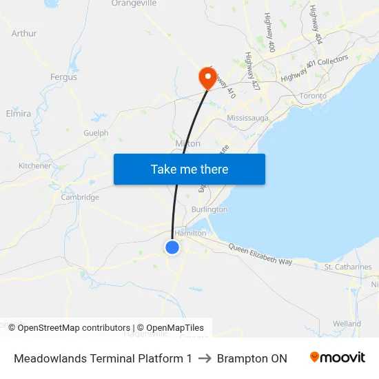 Meadowlands Terminal Platform 1 to Brampton ON map