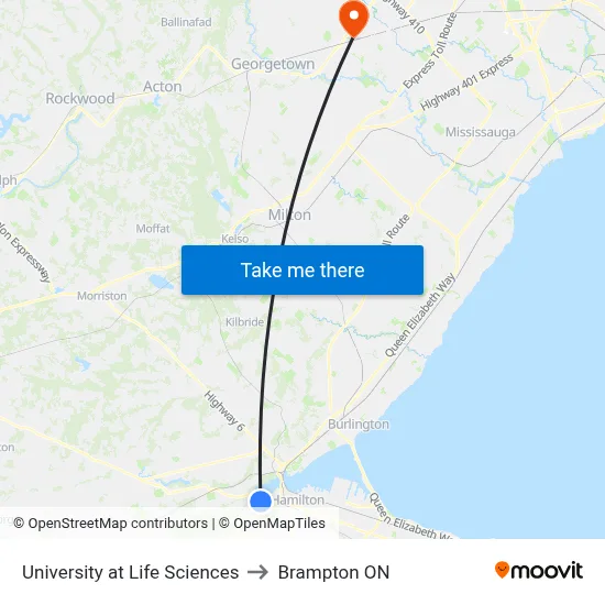 University at Life Sciences to Brampton ON map