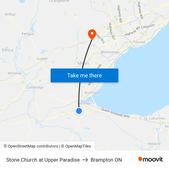 Stone Church at Upper Paradise to Brampton ON map