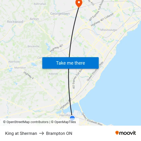 King at Sherman to Brampton ON map