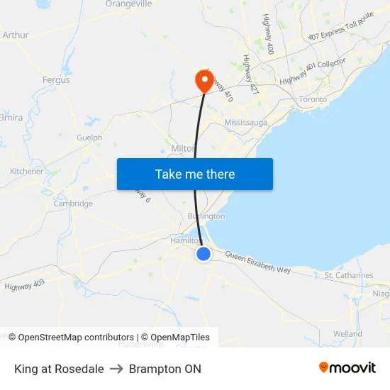 King at Rosedale to Brampton ON map