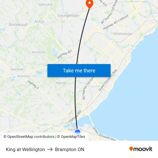 King at Wellington to Brampton ON map