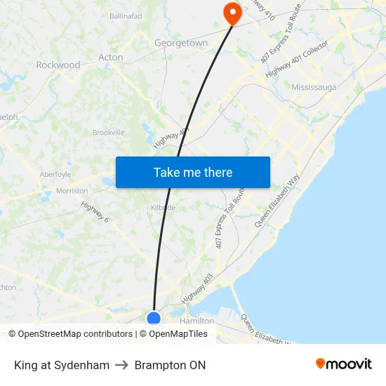 King at Sydenham to Brampton ON map