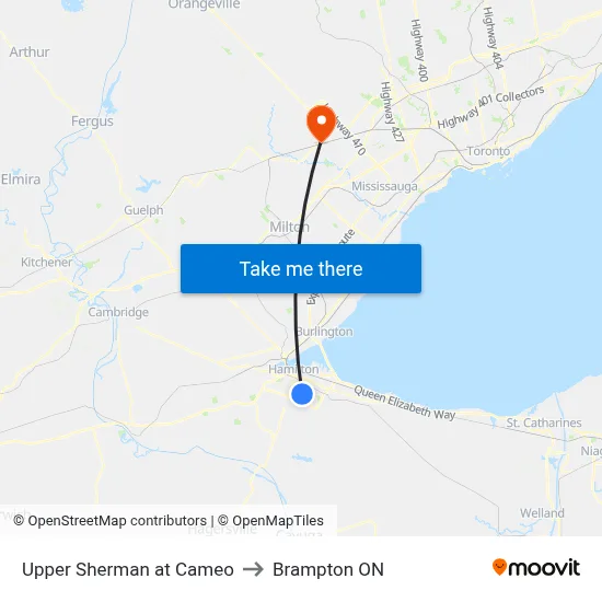 Upper Sherman at Cameo to Brampton ON map