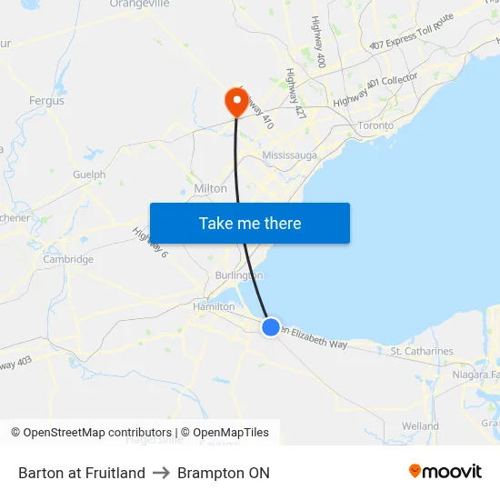 Barton at Fruitland to Brampton ON map