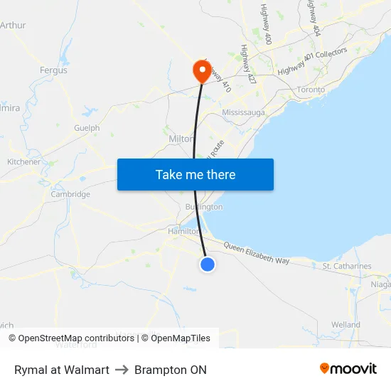 Rymal at Walmart to Brampton ON map